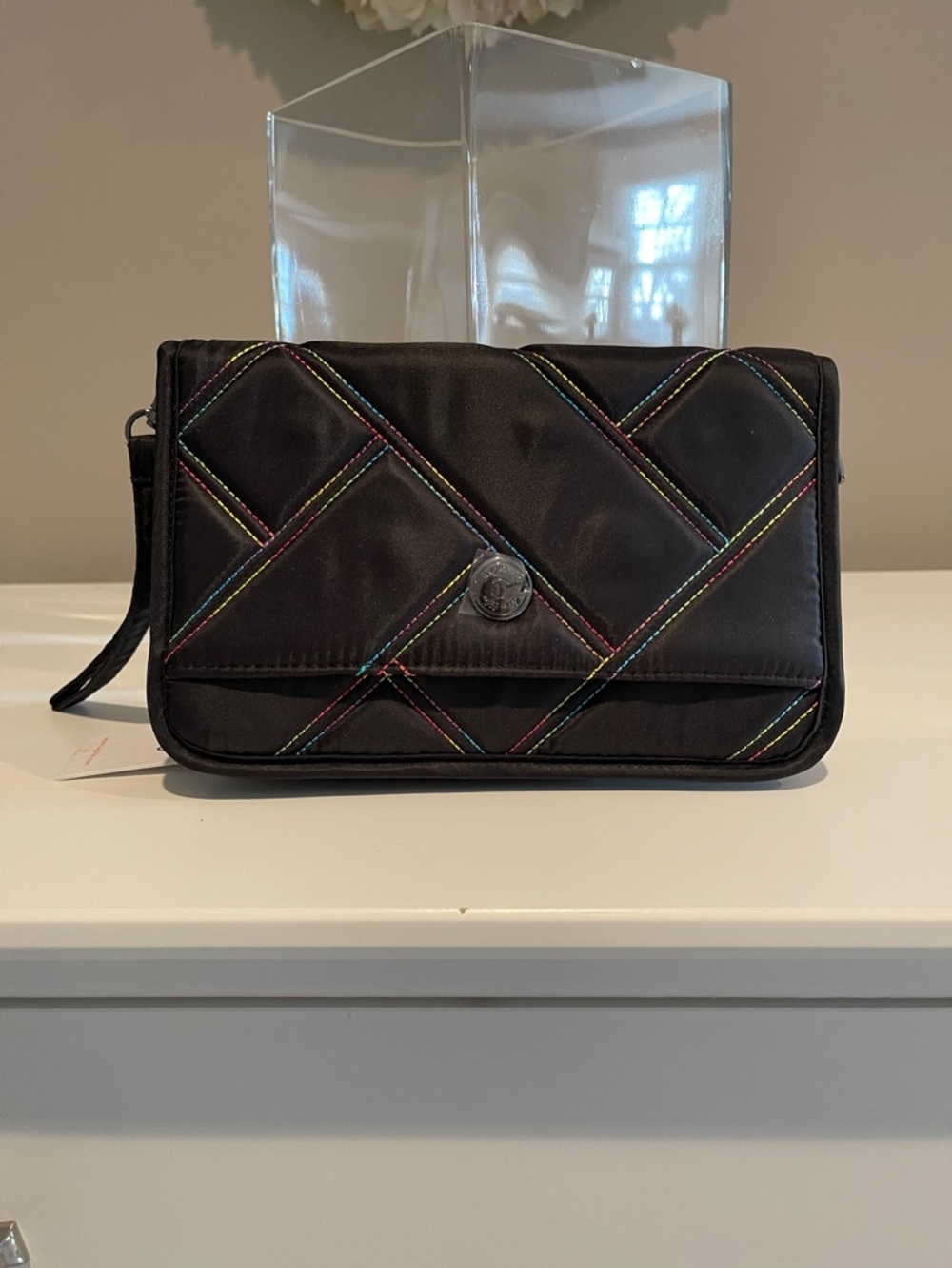 Lug Quilted Black Wristlet with Multicolor Stitching